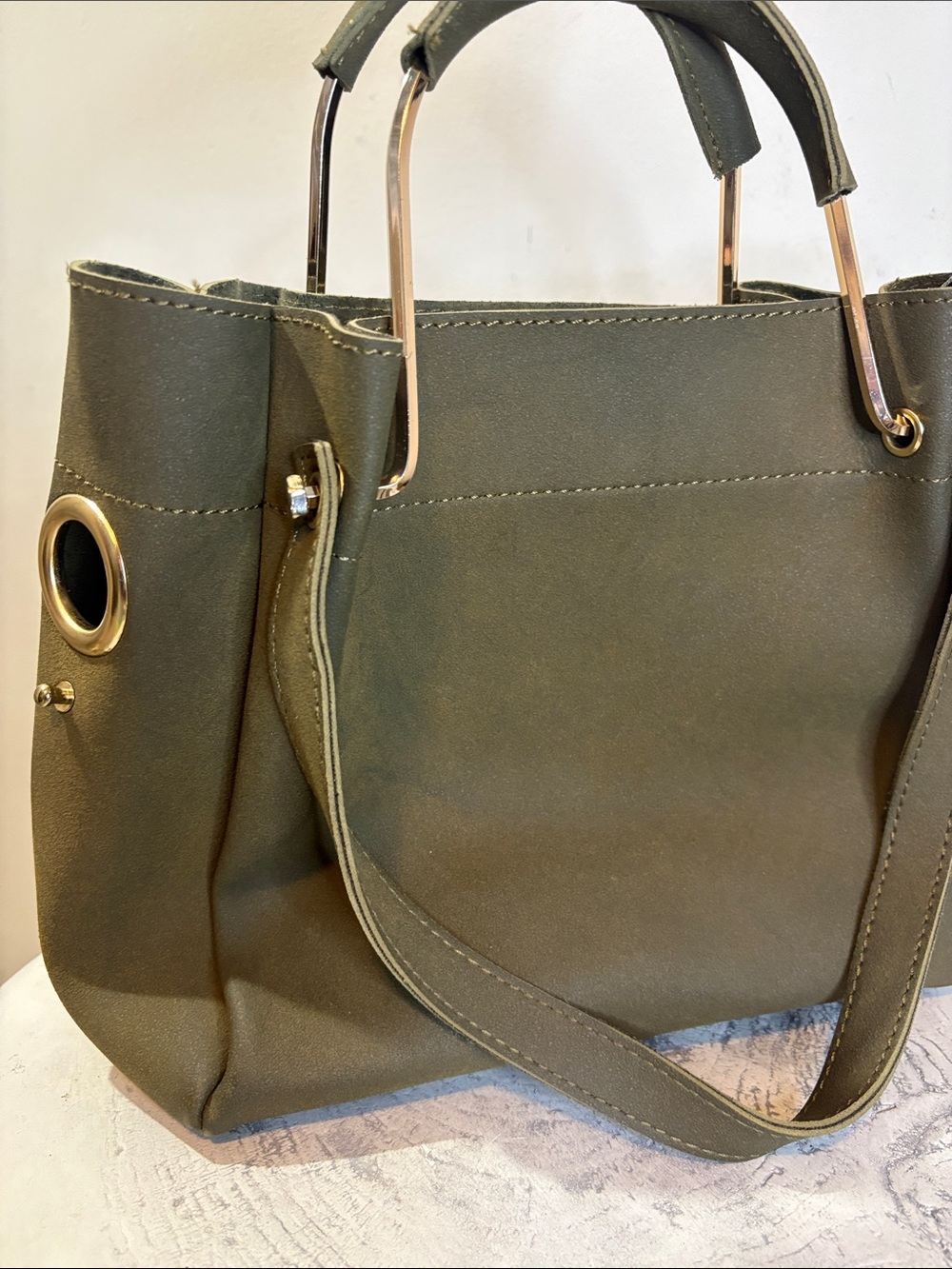 Olive Green Gold Hardware Multi Strap Bucket Bag Satchel Grommet Side Leather(?)